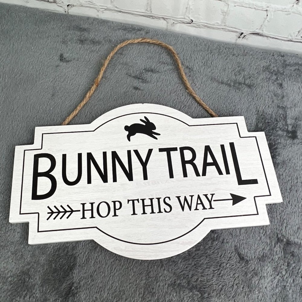 Decocrated Bunny Trail Wood Sign Easter Decoration Hanging Plaque White NWT